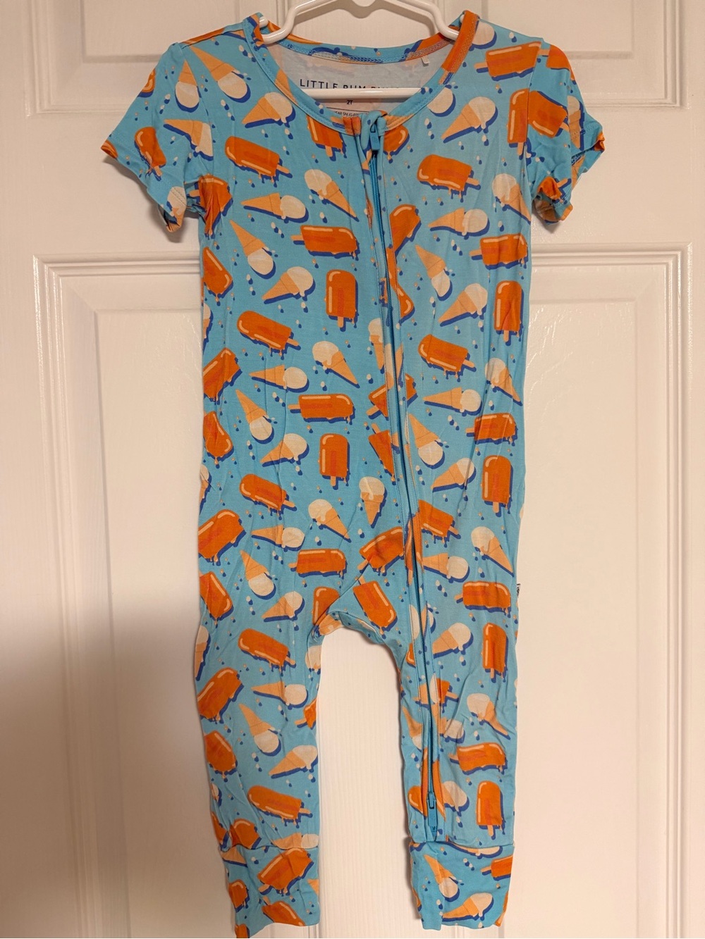 Ice Cream Print One-Piece Zip Romper- Blue & Orange Bamboo